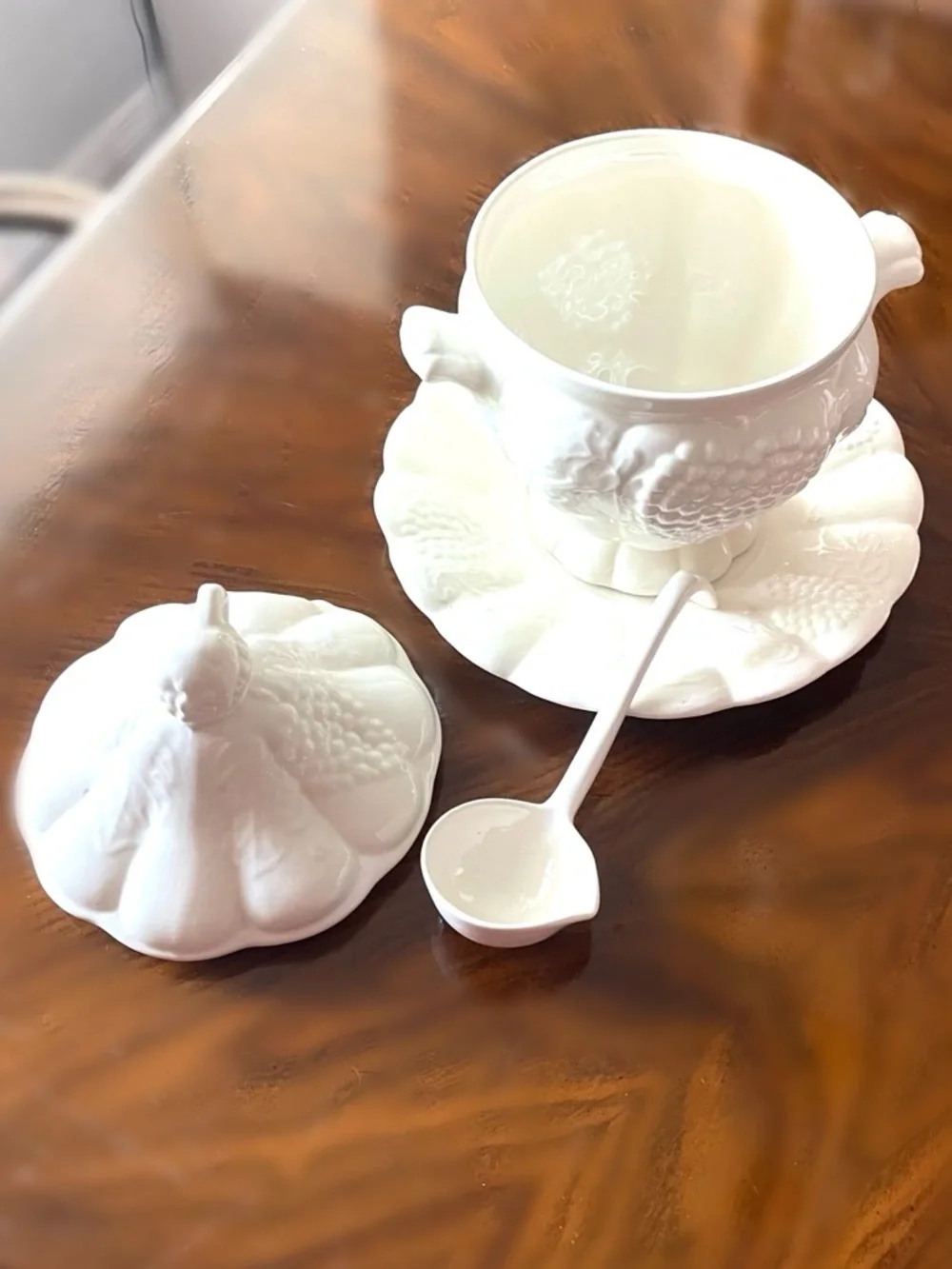 California Pottery White Ceramic Soup Taurine with Matching Under Plate & Ladle!